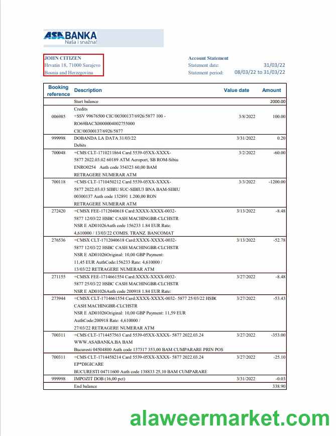 Bosnia and Herzegovina ASA Banka bank statement template in Excel and PDF format